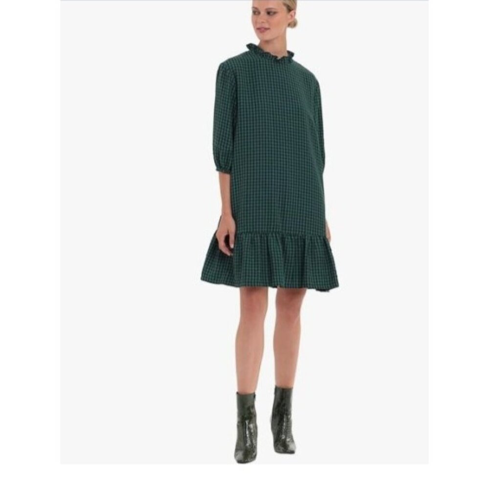 Donna Morgan dress womens size 14  Green Gingham crinkle Ruffle Hem mini new